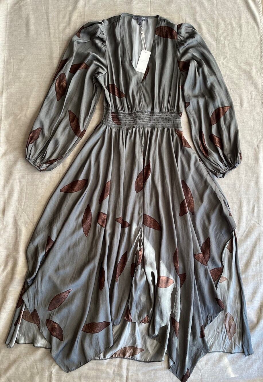 Grade & Gather Women L Abstract Leaf Asymmetrical Maxi Dress Balloon Sleeve